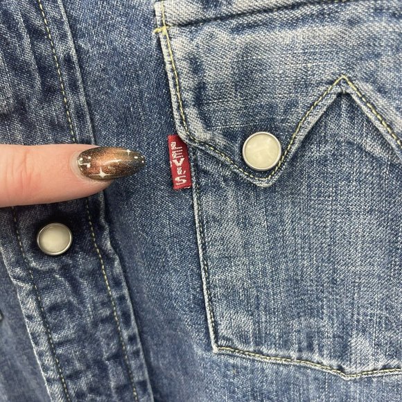 VTG Levi's Big E Sawtooth Short Horn Pearl Snap Button Denim Shirt Sanforized - Picture 6 of 16